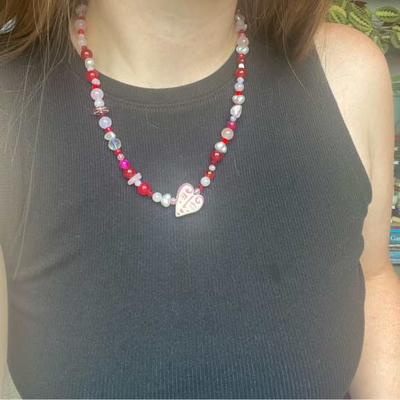 True Love Pink Red & White Beaded Necklace Ceramic Heart Face Pendant Pearl - Picture 11 of 13